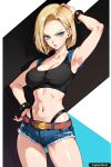 1girl ai_generated android_18 blonde_hair blue_eyes breasts cleavage denim_shorts dragon_ball female_only jacket short_hair trynectar.ai