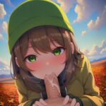  1boy 1girl ai_generated autumn blush brown_hair colorful cum_in_mouth cumulonimbus_cloud dripping_cum fellatio gloves green_eyes high_res looking_at_viewer original original_character pov scarf stable_diffusion steamy_breath swallowing_cum user_lovespike 