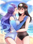  2_girls alluring arialilies beach bikini black_hair blue_sky brighid brighid_(xenoblade) kissing morag_ladair nintendo ocean purple_hair xenoblade_(series) xenoblade_chronicles_2 yuri 
