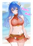  1girl absurd_res alternate_costume ass_visible_through_thighs bare_midriff bare_shoulders bare_thighs beach big_breasts bikini bikini_skirt blue_eyes blue_hair blush breasts caeda caeda_(fire_emblem) caeda_(summer)_(fire_emblem) commentary_request commission female_only fire_emblem fire_emblem:_mystery_of_the_emblem fire_emblem:_shadow_dragon_and_the_blade_of_light fire_emblem_heroes flower got0_naisho hair_between_eyes hair_flower hair_ornament high_res long_hair looking_at_viewer midriff navel nintendo ocean official_alternate_costume outside red_bikini red_swimsuit see-through skeb_commission smile swimsuit thank_you thighs 