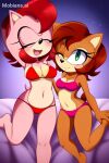 2_girls ai_generated amy_rose bad_anatomy bedroom belly bikini blush cleavage closed_eyes closed_mouth cute fuchsia_bikini fused_arms green_eyes happy jumping medium_breasts medium_thighs mobians.ai mobius_unleashed navel open_eyes open_mouth poorly_drawn red_bikini red_hair sally_acorn sexy sitting smile tail wink