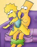 artist_request bart_simpson black_eyes bottomless brother_and_sister couch incest lisa_simpson nightgown_lift sex shorts_pull sitting spiked_hair the_simpsons vaginal yellow_skin