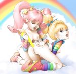  2girls anal anal_insertion ass blonde_hair blue_eyes breasts looking_at_viewer nipples pink_hair pink_lipstick pussy rainbow_brite rainbow_brite_(character) stockings yuri 
