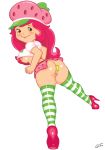  1girl anal ass breast dildo dildo_in_ass green_eyes looking_at_viewer nipple pink_hair pink_lipstick pussy strawberry_shortcake strawberry_shortcake_(character) white_background 