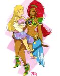  2_girls alternate_costume arabian_clothes arm_support bare_shoulders blonde_hair blue_skirt blush bracelet breastplate breasts breath_of_the_wild closed_eyes couple dark-skinned_female dark_skin duo earrings elf full_body green_eyes half-closed_eyes harem_outfit heart height_difference hoop_earrings hugging interracial long_hair long_skirt looking_at_another love medium_breasts mutual_yuri neck neck_ring necklace nintendo one_eye_closed pointy_ears princess_zelda r3dfive red_hair shoes sitting sitting_on_person skirt small_breasts the_legend_of_zelda tiara urbosa wink yuri zelda_(breath_of_the_wild) 