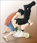 2boys anal artist_request ass bdsm black_hair bondage bound clothed clothed_male cum gradient_background green_hair haramaki male male_focus male_only monkey_d._luffy multiple_boys one_piece roronoa_zoro sex simple_background yaoi