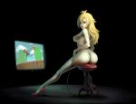  1girl ? ass blonde_hair blue_eyes breasts crown earrings high_heels jewelry long_hair mario mario_(series) nintendo nude playing_games playing_video_games princess princess_peach shoes sitting solo squidsweater stool super_mario super_mario_bros. thighhighs video_game video_games white_legwear white_thighhighs 