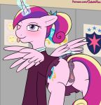  1girl alicorn anus ass clothed cutie_mark female female_only friendship_is_magic horn my_little_pony no_panties no_panties_under_skirt one_eye_closed pony princess_cadance pussy school_uniform skirt solo standing tail telekinesis tongue_out uniform upskirt wings 