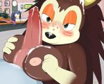  animal_crossing blush breasts brown_fur cum cum_on_breasts cum_on_face female green_eyes knot mabel_able male masturbation nipples paizuri penis sable_able unknown_artist voyeur 