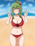 1girl alluring alternate_costume ass_visible_through_thighs bare_thighs beach big_breasts bikini blush breasts cleavage closed_eyes days double_v female_only fire_emblem fire_emblem_awakening fire_emblem_heroes green_hair nintendo ocean official_alternate_costume outside pointy_ears ponytail red_bikini red_swimsuit sand smile swimsuit thighs tiki_(adult)_(fire_emblem) tiki_(adult)_(summer)_(fire_emblem) tiki_(fire_emblem) v
