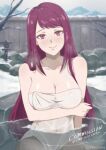  1girl 1girl 1girl absurd_res alluring bare_shoulders bare_thighs bath bathing big_breasts blush breasts cleavage closed_mouth commission covered_navel embarrassed female_only fire_emblem fire_emblem_engage happy high_res ivy_(fire_emblem) long_hair looking_at_viewer medium_breasts mole mole_under_mouth naked_towel nintendo nude_female onsen outside pink_eyes purple_eyes purple_hair smile snow tak0baka thighs towel very_long_hair water wet white_towel 