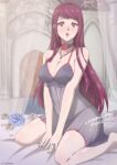  1girl 1girl 1girl absurd_res absurd_res alluring bare_legs bare_shoulders bed bed_sheet bedroom big_breasts black_nightgown blue_flower blue_panties blue_rose blush breasts choker cleavage female_only fire_emblem fire_emblem_engage flower high_res high_res ivy_(fire_emblem) jewelry kneel lingerie long_hair looking_at_viewer mole mole_under_mouth necklace negligee nightgown nintendo on_bed open_mouth panties petals purple_eyes purple_hair ring rose rose_petals see-through sheets tak0baka thighs underwear watermark wedding_ring white_flower white_rose 