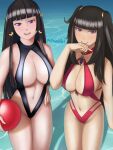  2girls alluring alternate_costume ball beach_ball big_breasts black_hair black_nails black_one-piece_swimsuit black_swimsuit breasts cleavage crossover dead_or_alive dead_or_alive_6 female_only fire_emblem fire_emblem_awakening from_above grin long_hair looking_at_viewer looking_up multiple_girls nail_polish nintendo nyotengu ocean one-piece_swimsuit open_mouth outside purple_hair pvtnuddles red_bikini red_swimsuit revealing_clothes smile swimsuit tecmo tharja tharja_(fire_emblem) very_long_hair 
