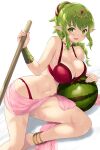  1girl 1girl 1girl alluring alternate_costume bangs bare_shoulders big_breasts bikini blush breasts cait cleavage collarbone commentary female_only fire_emblem fire_emblem_awakening fire_emblem_heroes food fruit green_eyes green_hair high_res long_hair looking_at_viewer navel nintendo official_alternate_costume open_mouth pointy_ears ponytail red_bikini red_swimsuit smile swimsuit thighs tiki_(adult)_(fire_emblem) tiki_(adult)_(summer)_(fire_emblem) tiki_(fire_emblem) watermelon white_background 