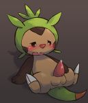  blush brown_background chespin cub erection kui male nintendo open_mouth penis pokemon precum simple_background sitting solo testicles video_games young 