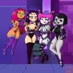  4girls blackfire cartoon_network cottondandy dc dc_comics fellatio_gesture female_only goth handjob_gesture jinx knee_boots kneehighs legs looking_at_phone looking_at_viewer makeup nipple_slip older older_female prostitution raven_(dc) revealing_clothes small_clothes starfire teen_titans teen_titans_go young_adult young_adult_female young_adult_woman 