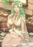  1girl 1girl 1girl alluring alternate_costume artist_name big_breasts bikini breasts cape cleavage commission female_only fire_emblem fire_emblem:_three_houses flower flower_in_hair green_eyes green_hair high_res high_res indoors lily_pad long_hair looking_at_viewer nintendo official_alternate_costume onsen rhea_(fire_emblem) sitting swimsuit tak0baka water watermark wet white_bikini white_swimsuit 