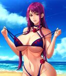 1girl alluring alternate_costume ass bare_shoulders beach big_breasts bikini bikini_pull blue_bikini blue_sky blue_swimsuit breasts choker cleavage clothes_pull cloud collar commission cowboy_shot cut_bangs day female_only fire_emblem fire_emblem_engage flower high_res highleg highleg_bikini horizon ivy_(fire_emblem) kerana_art long_hair looking_at_viewer mole mole_under_mouth navel nintendo ocean open_mouth outside purple_eyes purple_hair rose sand sky smile spiked spiked_collar spikes strip_tease swimsuit teasing thorn_print undressing water wide_hips