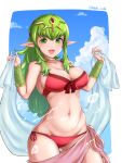  1girl 1girl 1girl :d absurd_res alluring big_breasts big_breasts bikini blade_ride blue_sky breasts choker cleavage cloud day fire_emblem fire_emblem_awakening fire_emblem_heroes green_eyes green_hair groin hair_ornament high_res long_hair navel nintendo open_mouth pink_sarong pointy_ears ponytail red_bikini sarong side-tie_bikini sky smile solo_female summer swimsuit tiara tiki_(adult)_(fire_emblem) tiki_(adult)_(summer)_(fire_emblem) tiki_(fire_emblem) twitter_username 