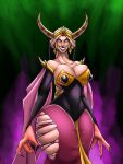 bartok_the_magnificent big_breasts blonde_hair claws cursereaper earrings evil_smile fangs gigantic_ass horns ludmilla purple_eyes tearing_clothes tiara transformation