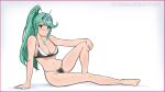 1girl alluring arm_support bare_legs bare_shoulders barefoot big_breasts bikini black_bikini blush breasts cleavage closed_mouth collarbone commission eyelashes female_focus gem green_eyes green_hair hair_ornament hand_on_own_knee headpiece high_ponytail high_res knee_up lepypepy long_hair looking_at_viewer matching_hair/eyes midriff nintendo patreon_username pneuma_(xenoblade) ponytail shiny_skin sidelocks simple_background sitting smile swimsuit thighs toes watermark web_address white_background white_bikini xenoblade_(series) xenoblade_chronicles_(series) xenoblade_chronicles_2