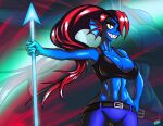 1girl 2020 2020s abs anthro anthro_only artist_name artist_signature belt belt_buckle big_breasts black_belt black_eyepatch black_eyewear black_topwear blue_body blue_bottomwear blue_pants blue_skin bottomwear breasts cleavage clothing dated eyelashes eyepatch eyewear female_focus female_only fins fish fish_girl fully_clothed fully_clothed_female high_res holding_spear holding_weapon jeans large_filesize long_eyelashes long_hair long_red_hair looking_at_viewer monster monster_girl navel one_eye_covered pants ponytail red_eyes red_hair sharp_teeth slit_pupils smile smiling_at_viewer solo solo_anthro solo_female solo_focus spear teeth topwear twisted4k undertale undertale_(series) undyne weapon