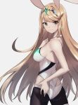  1girl alluring ass back big_breasts blonde_hair breasts bunny_ears bunnygirl bunnysuit choker earrings fake_animal_ears grin hand_on_ass hand_on_own_ass happy happy_female leotard long_hair looking_at_viewer looking_back mythra nintendo pantyhose playboy_bunny prettymundane sideboob smiling_at_viewer strapless strapless_leotard tiara tight_clothing white_leotard xenoblade_(series) xenoblade_chronicles_2 yellow_eyes 
