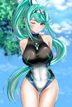  1girl absurd_res alluring big_breasts breasts chest_jewel earrings green_eyes green_hair headpiece high_res jewelry langspower long_hair navel nintendo pneuma_(xenoblade) ponytail swept_bangs swimsuit tiara very_long_hair xenoblade_(series) xenoblade_chronicles_(series) xenoblade_chronicles_2 