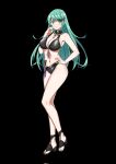 1girl alluring alternate_costume aqua_eyes aqua_hair bikini black_background black_bikini black_footwear blush breasts byleth_(female)_(summer)_(fire_emblem) byleth_(fire_emblem) byleth_(fire_emblem)_(cosplay) byleth_(fire_emblem)_(female) byleth_(summer)_(fire_emblem)_(female) cleavage commentary commentary_request contrapposto cosplay dagger english_commentary female_focus fire_emblem fire_emblem:_three_houses fire_emblem_heroes full_body hand_on_own_hip hand_to_own_mouth high_res jewelry knife long_hair looking_at_viewer matching_hair/eyes midriff navel necklace nintendo nottme pneuma_(xenoblade) sheath sheathed simple_background smile standing swimsuit toeless_footwear weapon xenoblade_(series) xenoblade_chronicles_(series) xenoblade_chronicles_2