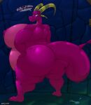 bartok_the_magnificent belly_bulge belly_expansion claws dragon_girl fangs gigantic_ass gigantic_breasts horns looking_back ludmilla shinysteel smirk tail