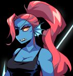 1girl 2010s 2019 2d 2d_(artwork) _zzappyy_ angry_face anthro black_background black_tank_top black_topwear blue_body blue_skin breasts cleavage digital_media_(artwork) eyepatch female female_anthro female_only fish fish_girl hair holding_spear holding_weapon long_hair marine non-mammal_breasts ponytail red_hair sharp_teeth simple_background slit_pupils solo solo_female spear tank_top topwear twitter undertale undertale_(series) undyne upper_body video_game_character video_games weapon yellow_sclera