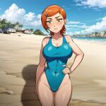 1girl aged_up ai_generated beach ben_10 big_breasts blue_one-piece_swimsuit blue_swimsuit blush breasts cartoon_network cats62 cleavage earrings female green_eyes gwen_tennyson hairclip hand_on_hip jewelry light-skinned_female light_skin looking_at_viewer navel navel_visible_through_clothes one-piece_swimsuit orange_hair short_hair standing stockings sweat sweatdrop swimsuit teen thighs tight_clothing tight_swimsuit tight_swimwear voluptuous voluptuous_female wide_hips