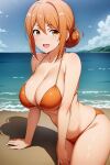 1girl alluring beach big_breasts bikini blue_sky cleavage milf ocean on_beach on_sand orange_hair posing red_eyes yahari_ore_no_seishun_lovecome_wa_machigatteiru. yuigahama_yui&#039;s_mother zengai