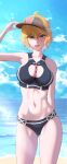 1girl alluring beach big_breasts blonde_hair blue_eyes breasts cleavage fiora_(xenoblade) green_eyes hat high_res looking_at_viewer mercury_xeno navel nintendo open_mouth short_hair simple_background smile swimsuit xenoblade_(series) xenoblade_chronicles_(series) xenoblade_chronicles_1