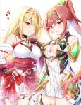 2_girls alluring alternate_costume aunt_and_niece big_breasts blonde_hair breasts chest_jewel glimmer_(xenoblade) glimmer_(xenoblade)_(cosplay) mythra_(xenoblade) mythra_(xenoblade)_(cosplay) red_eyes ui_frara xenoblade_(series) xenoblade_chronicles_(series) xenoblade_chronicles_2 xenoblade_chronicles_3 xenoblade_chronicles_3:_future_redeemed yellow_eyes