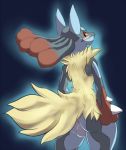  2013 anthro ass blue_fur blush canine celescario jackal looking_at_viewer looking_back lucario male mega_evolution mega_lucario nintendo nude open_mouth plain_background pokemon red_eyes solo testicles video_games 
