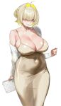  1girl 1girl ahoge alternate_costume armpit_crease blonde_hair blush breasts cleavage collarbone covered_navel dress elegg_(nikke) fur_jacket goddess_of_victory:_nikke hair_bun hair_intakes hair_over_one_eye high_res huge_breasts jacket light_brown_hair looking_at_viewer multicolored_hair one_eye_covered pinkmill simple_background single_bare_shoulder single_side_bun skindentation smile streaked_hair taut_clothes taut_dress two-tone_hair white_background 