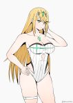  1girl 1girl 1girl 2022 alluring bikini blonde_hair core_crystal female_only hand_on_hip high_res legband long_hair looking_at_viewer mythra nintendo roverpng thigh_squish white_background xenoblade_(series) xenoblade_chronicles_2 yellow_eyes 