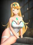 1girl 3d 3d_(artwork) alluring big_breasts bikini blobcg blonde_hair breasts core_crystal gold_eyes hips light-skinned_female light_skin long_hair looking_at_viewer mythra naughty_face nintendo one-piece_bikini swept_bangs thick_thighs thighs wide_hips xenoblade_(series) xenoblade_chronicles_2