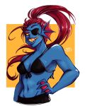 1girl 2020s 2023 alternate_version_available anthro anthro_only artist_name bikini black_bikini blue_body blue_skin bones_on_skin_(artist) breasts eyepatch female female_only fish fish_girl hand_on_waist long_hair looking_at_viewer marine monster monster_girl non-mammal_breasts ponytail red_hair sharp_teeth simple_background slit_pupils solo solo_anthro solo_female twitter undertale undertale_(series) undyne yellow_sclera yellow_teeth