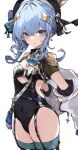 1girl 1girl adapted_costume appleseed_(appleseed_art) ascot bag black_leotard blue_choker blue_eyes blue_hair brooch choker closed_mouth covered_navel crown epaulettes garter_straps handbag hat high_res hololive hoshimachi_suisei hoshimachi_suisei_(3rd_costume) jacket jewelry leotard mini_crown off_shoulder sidelocks simple_background small_breasts thighs virtual_youtuber white_background