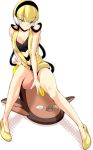  1_girl 1girl amasora_taichi aqua_eyes arm arm_support arms art babe bare_legs bare_shoulders blonde blonde_hair blush bottomless breasts cable choker cleavage covering covering_crotch covering_pussy elesa female green_eyes gym_leader head_tilt headphones high_heels kamitsure_(pokemon) legs looking_at_viewer nintendo no_legwear open_mouth pokemon pokemon_(anime) pokemon_(game) pokemon_black_and_white pokemon_bw shadow shiny shiny_hair shiny_skin shoes short_hair simple_background sitting solo strapless stunfisk tubetop vest white_background wire yellow_high_heels 
