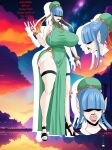  blue_hair character_sheet fangs green_dress hidden_eyes monster_girl ninja-8004 original_character pointy_ears vampire voluptuous 