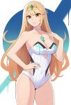  1girl alluring alternate_costume big_breasts blonde_hair blush breasts cleavage core_crystal ear_piercing edmonmondo female_only fit fit_female frown long_hair looking_at_viewer mythra nintendo official_alternate_costume orange_eyes swimsuit wide_hips xenoblade_(series) xenoblade_chronicles_2 yellow_eyes 