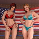  2girls alluring american_flag athletic_female big_breasts black_and_red_hair blonde_hair bra cleavage dead_or_alive dead_or_alive_2 dead_or_alive_3 dead_or_alive_4 dead_or_alive_5 dead_or_alive_6 dead_or_alive_xtreme dead_or_alive_xtreme_2 dead_or_alive_xtreme_3_fortune dead_or_alive_xtreme_beach_volleyball dead_or_alive_xtreme_venus_vacation female_abs fit_female gym mila mila_(doa) panties tecmo tina_armstrong underwear underwear_only v1rwr 