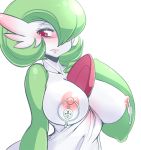  1girl animal_ears areolae big_breasts blush breasts eyelashes gardevoir green_hair hair_over_one_eye klefki large_areolae large_breasts nintendo nipple_piercing nipple_rings nipples no_humans piercing plain_background pokemon pokã©mon red_eyes short_hair simple_background size_difference slugbox solo video_games white_background white_skin 