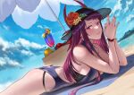  1girl absurd_res alluring alternate_costume ass bare_arms bare_thighs beach beach_umbrella big_ass big_breasts bikini blue_one-piece_swimsuit blue_swimsuit breast_press breasts cleavage commission deras drink female_only fire_emblem fire_emblem_engage fire_emblem_heroes flower from_side hat hat_flower high_res ivy_(fire_emblem) ivy_(summer)_(fire_emblem) long_hair looking_at_viewer lying nail_polish nintendo non-web_source ocean official_alternate_costume on_stomach one-piece_swimsuit outside own_hands_together pink_eyes pink_nails purple_hair see-through sun_hat swimsuit the_pose thighs towel umbrella 