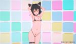  arms_behind_back barcode brown_hair cat_ears cat_tail dancing female_focus micro_bikini music navel original small_breasts stomach_tattoo video_with_sound younger_female 