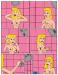 1girl 2021 blue_eyes breast_grab cinderella closed_eyes closed_mouth comic covering_breasts cute disney eyebrows eyelashes human lipstick looking_at_viewer matiriani28 open_eyes open_mouth pink_background princess_cinderella sexy_body sexy_breasts smile washing_arm washing_hair water_drop wet wet_body wet_hair wet_skin yellow_hair