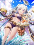 1girl 1girl alluring belt bikini book breasts brown_gloves burnt_green_tea clam cleavage coat crab fire_emblem fire_emblem_awakening fire_emblem_heroes fish gloves high_res jacket jacket_on_shoulders legs looking_at_viewer nintendo o-ring o-ring_bikini octopus open_mouth purple_bikini robin_(fire_emblem) robin_(fire_emblem)_(female) shrimp silver_hair smile splashing swimsuit thigh_strap twin_tails under_boob water